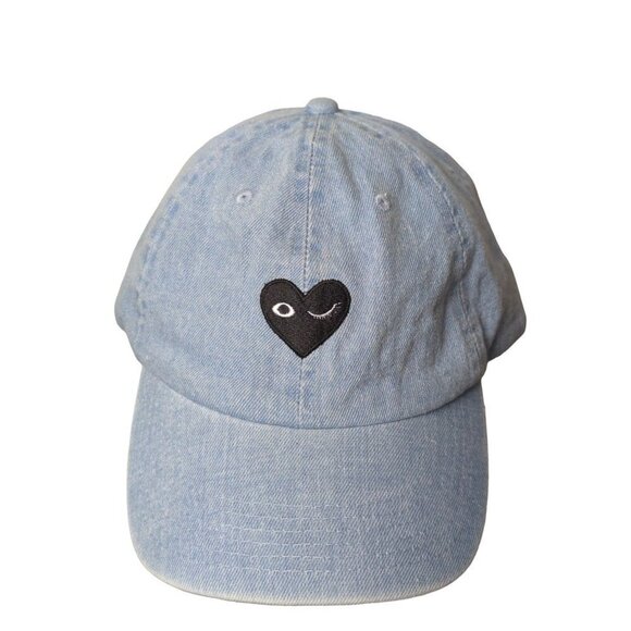 PacSun Women's Blue denim adjustable hat winking heart face One size - Picture 2 of 7